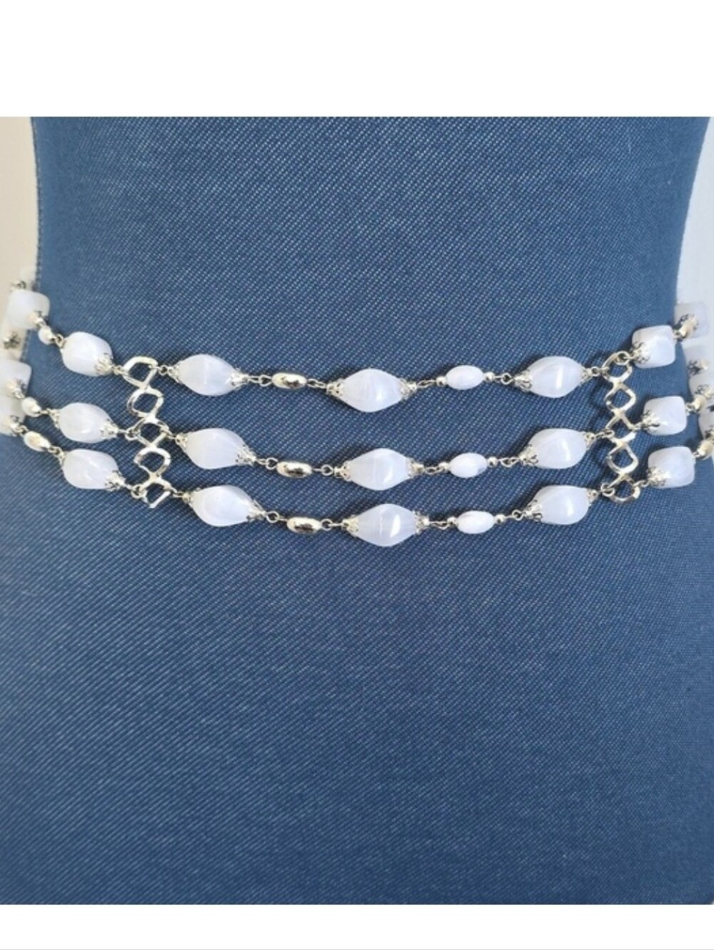 Vintage Silver & Opaline White Beaded Multi-Strand Chain Belt Adjustable